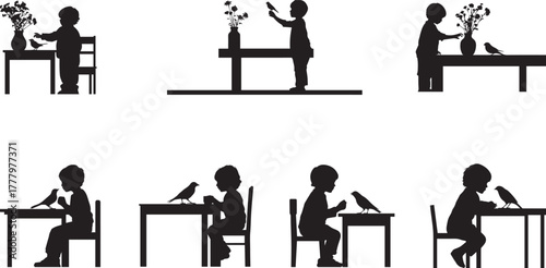 Silhouette of child sitting at table feeding bird and arranging flowers, black and white vector illustration showing kindness, nature connection, childhood innocence, and simple lifestyle concept