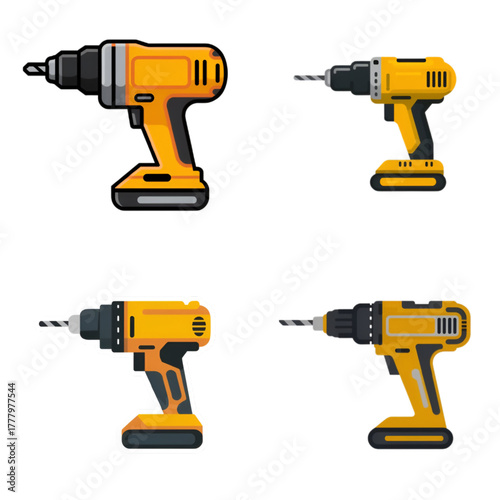 Illustration bundle of a yellow and gray cordless drill in a cartoon sticker for kid style on transparent background