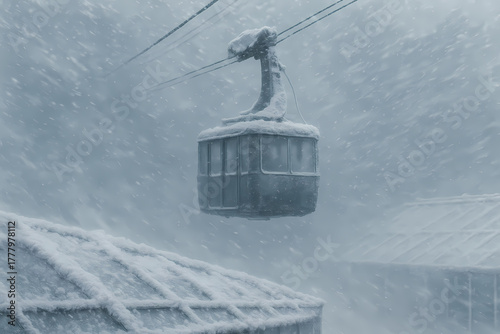 Snowy Cable Car in a Winter Storm - Isolated Gondola in Blizzard Conditions