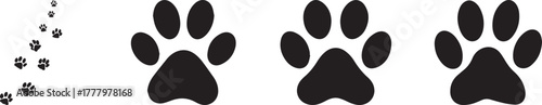Black dog paw prints silhouette trail isolated on white background, minimalist pet footprint pattern for design, logo, animal tracks, or veterinary themed artwork and graphic decoration
