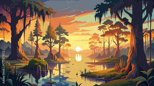 Very beautiful sunrise at the swamp of Caddo Lake, Texas, with golden light filtering through cypress trees draped in Spanish moss, calm reflective water, misty atmosphere, and tranquil natural scener