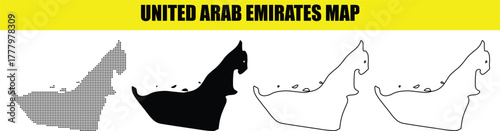 Hand made Vector map of United Arab Emirates featuring gray black and outline versions for geographic and infographic use By Adobe Illustrator