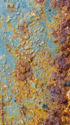 rusting old metal plate painted with blue paint