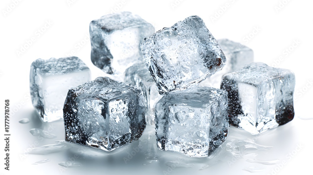 Obraz premium Group of crystalline frozen water blocks rests on a reflective white surface creating small puddles.