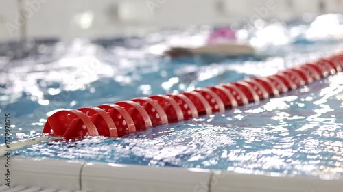Female athlete in pink cap in swimming pool, training. Freestyle swim.