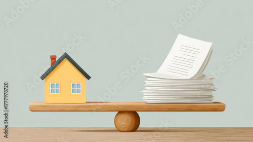 Bankruptcy legal concept with house balancing on wooden scale and legal documents