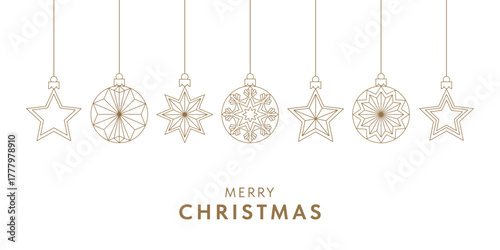 Vector gold Christmas luxury minimalist ornaments line art card template, elegant hanging decoration banner with Merry Christmas text.