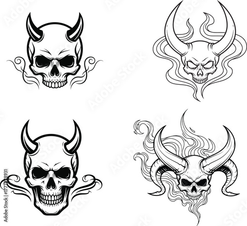A collection of four distinct illustrations featuring demonic skulls with prominent horns and wisps of smoke or fire, presented in a bold, graphic style suitable for various design applications.