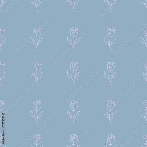 Seamless pattern with outline pink roses. Minimal floral background.
