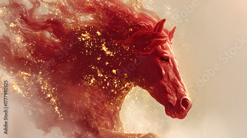 Mythical red fire horse glowing from within surrounded by light and golden sparks
