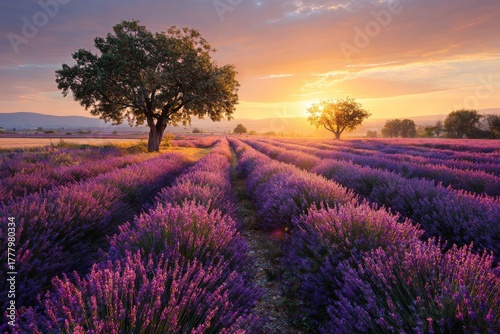 Breathtaking Lavender Fields at Sunset in the Countryside Reveal Vibrant Colors