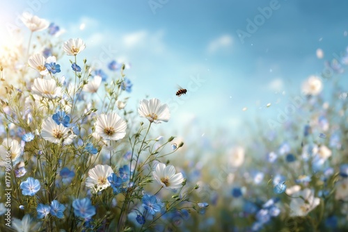 Colorful Wildflowers Bloom Under a Bright Sky With a Bee Buzzing Around in th...