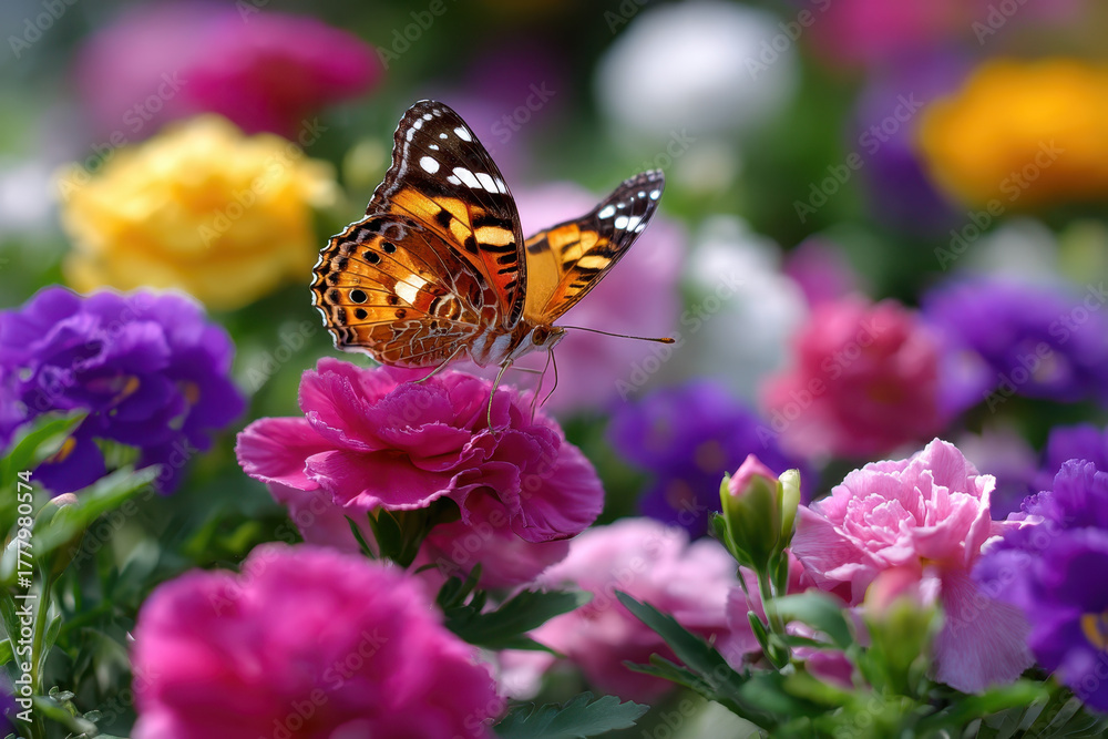 Obraz premium Colorful butterfly resting on flowers in a vibrant garden during daylight hours
