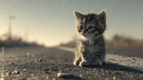 Fototapeta Naklejka Na Ścianę i Meble -  Adorably fluffy kitten sits alone on an empty road at sunrise, evoking feelings of innocence and vulnerability.