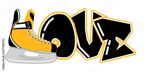 LOVE lettering featuring a hockey skate as the “L”, in gold and black tones. A bold, urban style perfect for sports-inspired street art and graffiti.