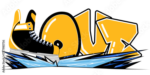 LOVE lettering featuring a hockey skate as the “L”, in gold and black tones. A bold, urban style perfect for sports-inspired street art and graffiti.