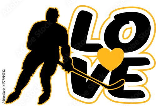 LOVE with ice hockey player gold and black colour, sport vector graphics, hockey, for street art. Graffiti lettering, typography, art illustration, multicolour, written.