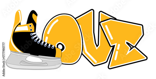LOVE lettering featuring a hockey skate as the “L”, in gold and black tones. A bold, urban style perfect for sports-inspired street art and graffiti.
