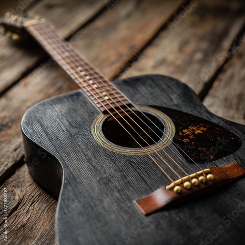Guitar on Wooden Floor With Natural Light Highlighting Its Rich Finish and Cr...