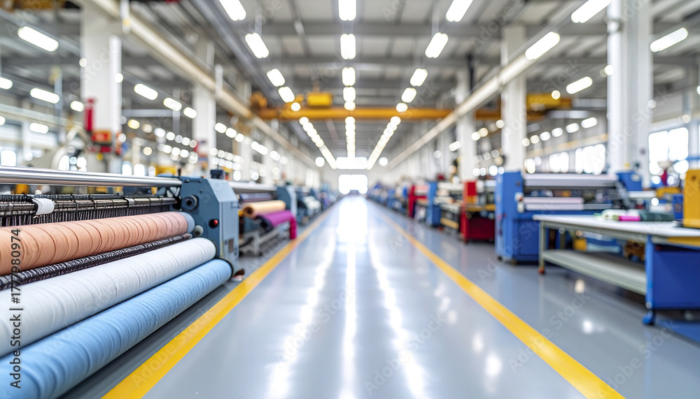 Fototapeta premium Textile factory floor with fabric rolls in soft focus, bright industrial lighting, and machinery creating calm and organized atmosphere in spacious manufacturing area