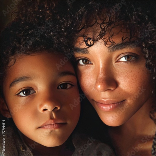 Mother and Son Share a Joyful Moment Outdoors During Sunset at a Warm Location