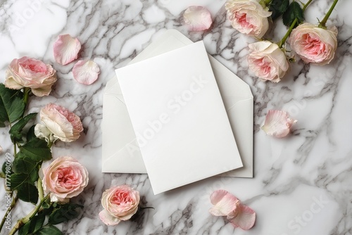Decorative Flowers and Blank Cards on Marble Surface for Special Occasions