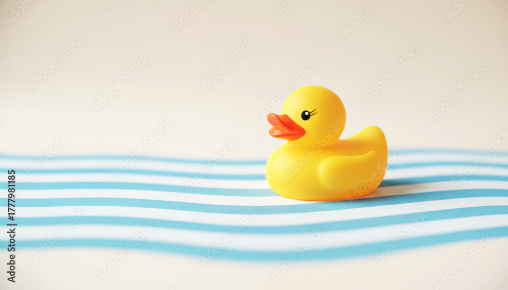 Fototapeta premium Yellow rubber duck floating on light blue waves 