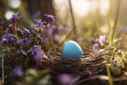Blue Egg Resting in a Nest Surrounded by Vibrant Flowers in a Sunny Forest