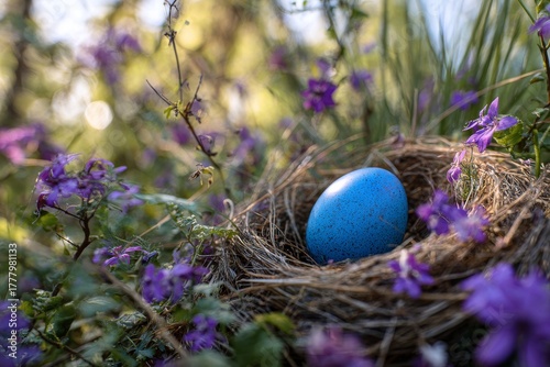Blue Egg Nestled Among Vibrant Purple Flowers in a Natural Setting at Dusk