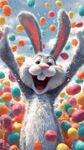 Happy Rabbit Surrounded by Colorful Eggs in a Festive Spring Scene