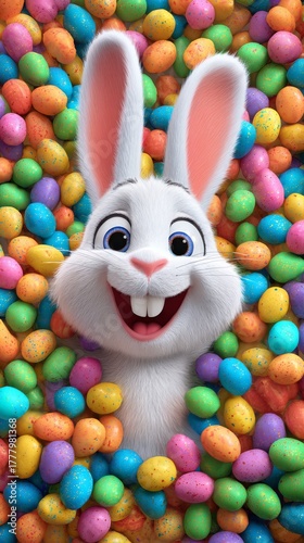 Colorful Rabbit Smiling in a Sea of Pastel Easter Eggs During a Festive Celeb...