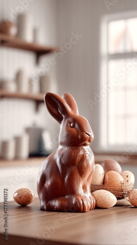 Chocolate Rabbit Figurine Surrounded by Decorative Eggs in a Cozy Kitchen Set...