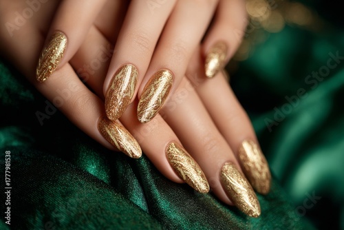 Elegant Hands With Golden Glitter Nails Surrounded by Natural Greenery