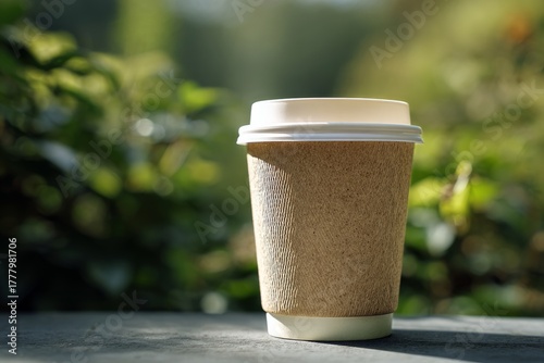 Freshly Brewed Coffee in a Paper Cup Surrounded by Nature in a Peaceful Outdo...