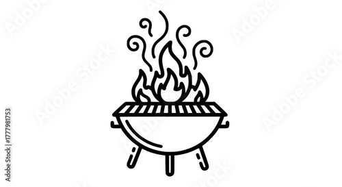 Vector illustration of barbecue grill with flames and smoke, minimal black and white line art