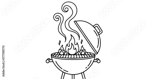 Vector illustration of barbecue grill with flames and smoke, minimal black and white line art