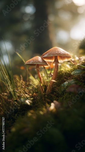 Sunlight Shines Through Forest Trees, Illuminating Mushrooms in Lush Greenery