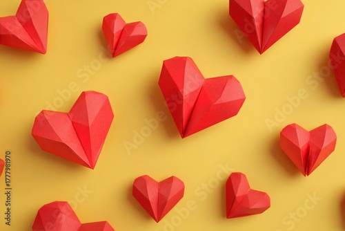 Creative Red Paper Hearts Arranged on a Bright Yellow Background for Decorati...