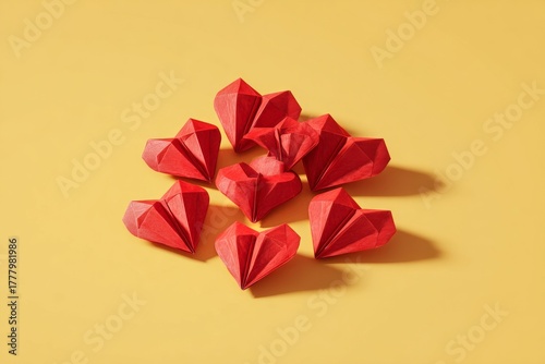 Crafting Red Heart Shapes on a Bright Yellow Background for a Festive Celebra...