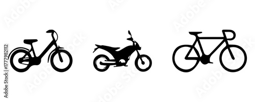 Two-Wheeled Transport Silhouettes: Moped, Dirt Bike, and Road Bicycle Vector Icons. Monochrome Graphics for Bike Rentals, Delivery Services, and Mobile Apps.