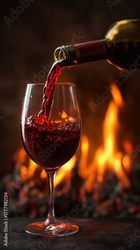 Pouring Red Wine Into a Glass by the Warm Fireplace in a Cozy Setting