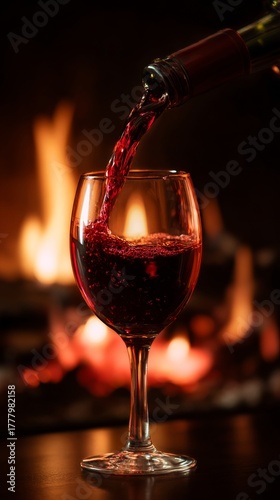 Pouring Rich Red Wine Into a Glass by the Warm Fireplace at Night