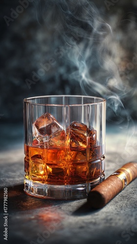 Sipping Whiskey on the Rocks With a Fine Cigar in a Cozy Setting