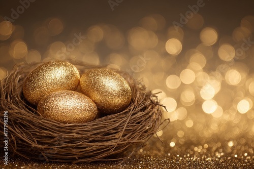 Golden Eggs Nestled in a Handmade Nest Surrounded by Shimmering Sparkles, Per...