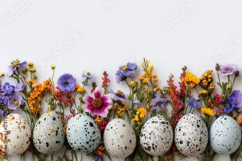 Colorful Arrangement of Eggs and Flowers in Springtime Setting on a White Sur...