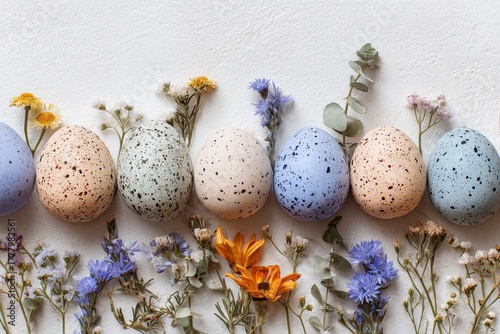 Colorful Arrangement of Eggs and Flowers in Springtime Setting on a White Sur...