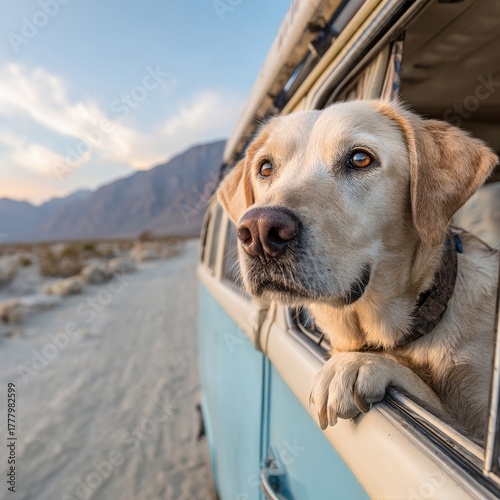 Dog Enjoys a Scenic Drive by the Mountains in a Vintage Blue Van During Sunset