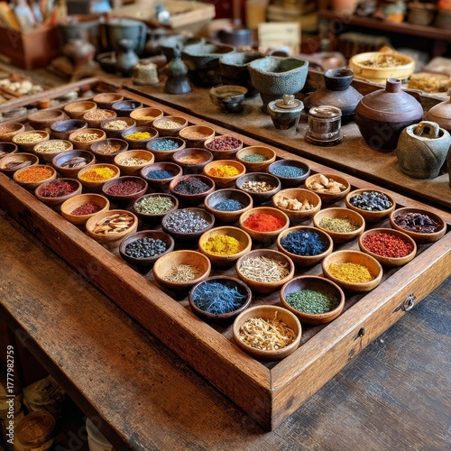 Colorful Spices Displayed in Wooden Bowls on a Rustic Table in a Market Setting