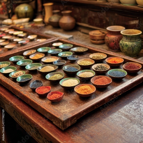 Vibrant Display of Spices in Bowls at a Local Market in the Afternoon Light