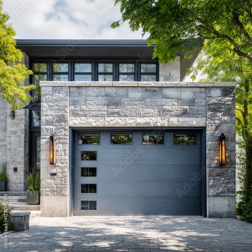 Modern House Exterior With Stone Facade and Stylish Garage Door in a Sunny Ne...